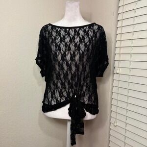Vintage 90s sheer black lace tie front casual whimsygoth top Jasonmaxwell size L